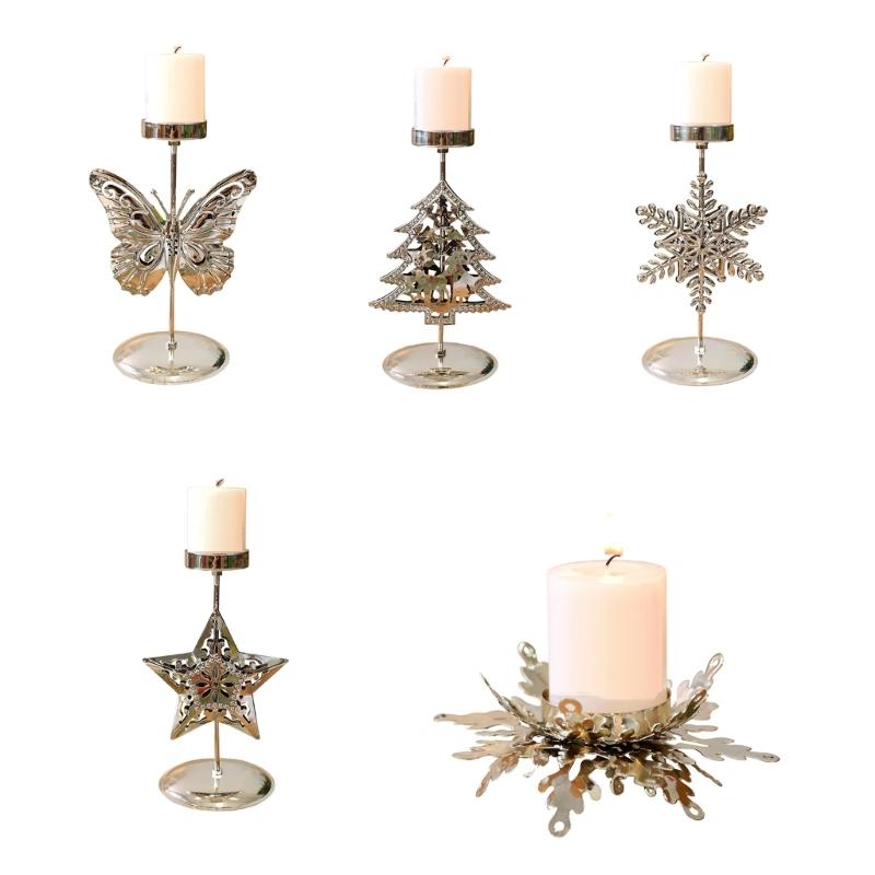 Iron Candle Holders Stand with Christmas Snowflake Star Butterfly Tree Pattern Candlestick for Home Tabletop Decoration