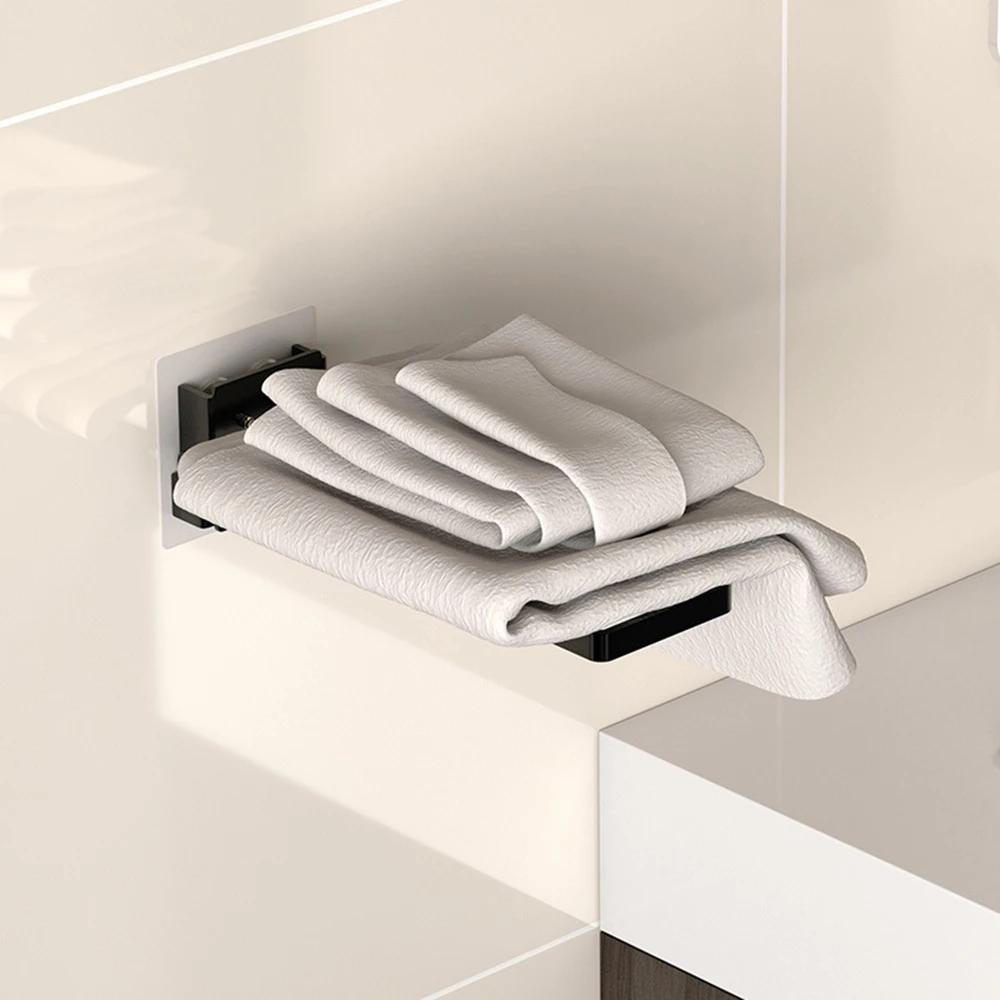 Self Adhesive Bathroom Towel Holder Toilet Towel Rack Wall Mounted Kitchen Shelf 90° Folding Towel Bar No Drill 18/25/33/43CM