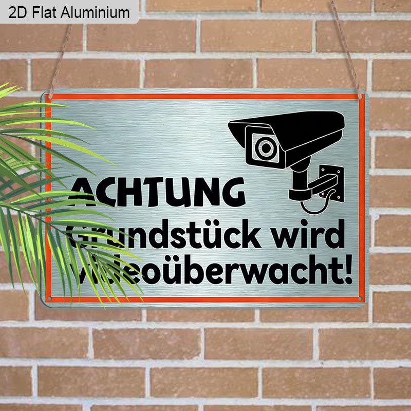2D Flat 1pc 12"x8" Retro Security Aluminium Wall Art with "ACHTUNG Grundstück Wird Videoüberwacht!" Quote - Vintage German Warning Sign, Camera