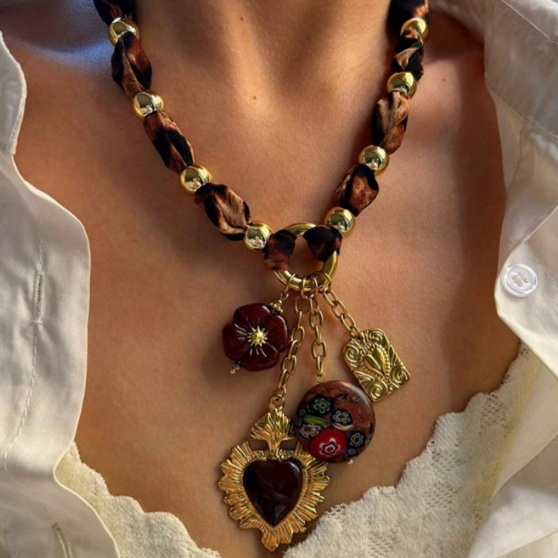 

Емалеве серце з нержавіючої сталі, смоляна квітка, геометрична підвіска, намисто для жінок, вінтажний леопардовий принт, мотузковий ланцюжок, ювелірні вироби