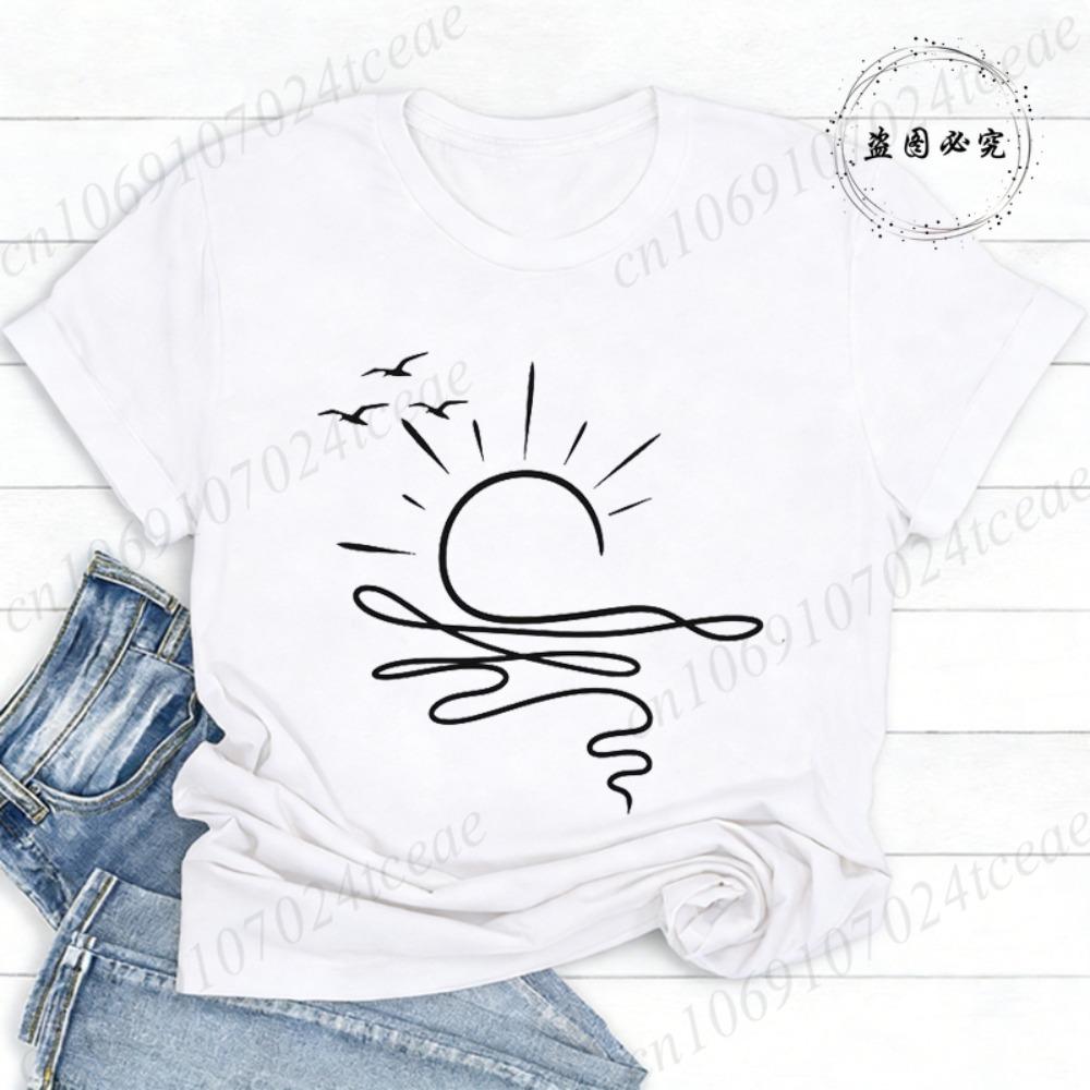 Sun Ocean Shirt Graphic Boho Summer T Shirts Trendy Beach Tee Cute Minimalist Summer T-Shirts Short Sleeve Trip Women s Shirts S