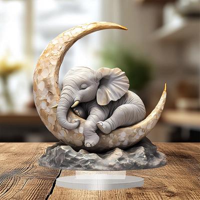 Acrylic Desk Ornament Of An Elephant Sleeping On The Moon For Home Decoration