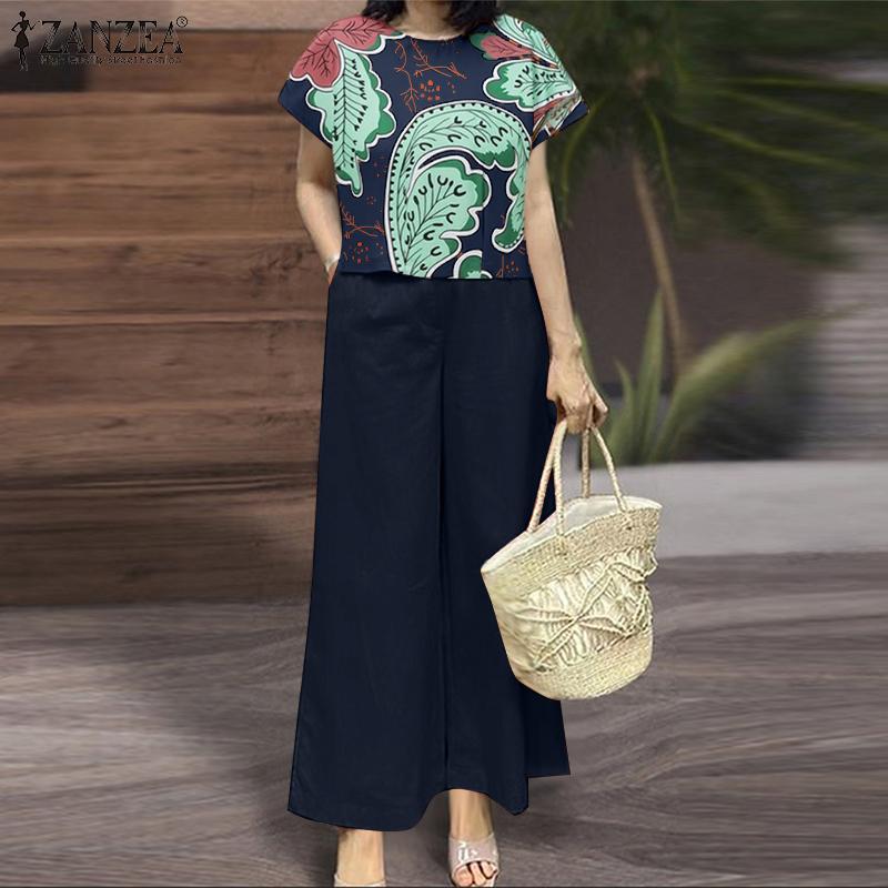 ZANZEA Damen Kurzarm Print T-Shirt und Hose Sommer Zweiteiler Anzugsets