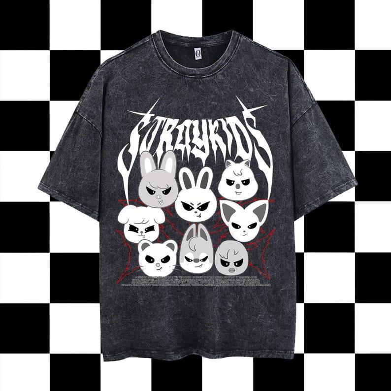 Washed Stray Kids Evil Skzoo Combo Peripheral Print Summer Short Sleeve