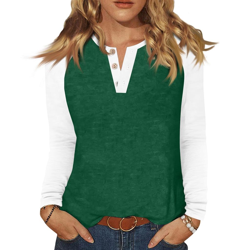 Women's T Shirt Color Block Button Long Sleeve Daily Weekend Fashion Basic V- Neck Regular Top