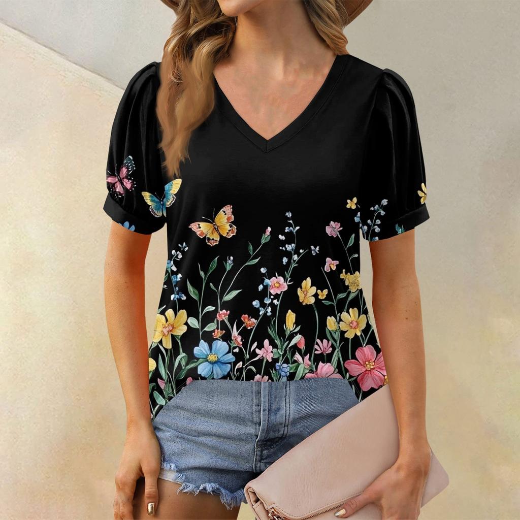 Damenmode Blumendruck Top Puff Kurzarm V-Ausschnitt T-Shirt Lose Casual T-Shirt