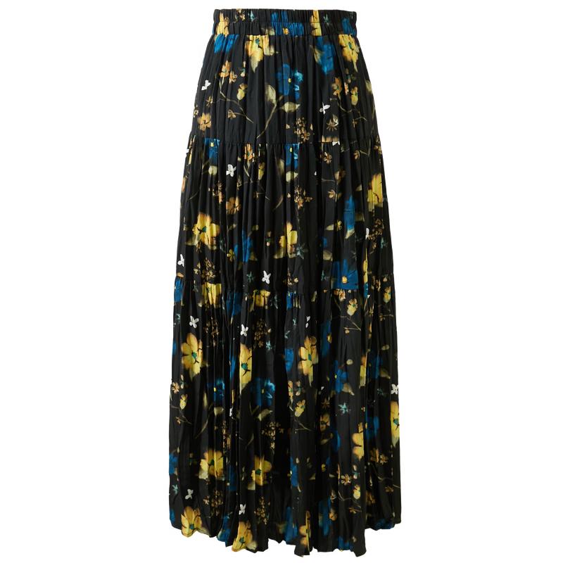 Sancai Retro Pleated Floral High-Waist A-Line Maxi Skirt L