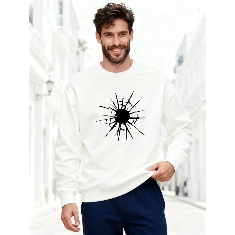 Men'S White Rayon Pattern Casual Round Neck Sweatshirt, 100% Cotton Printed Long-Sleeve Crew Neck Pullover Plus Size