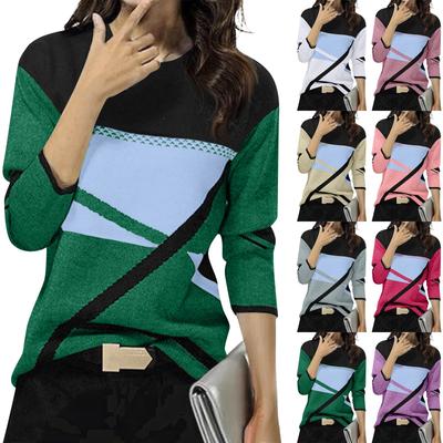 Women's Winter Fashion Contrast Positioning Printed Round Neck Long Sleeve Top