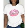 European Size Plus Size, Women's Plus Size White Leopard Print Pink Lips Graphic Tee - Crew Neck Short Sleeve T-Shirt
