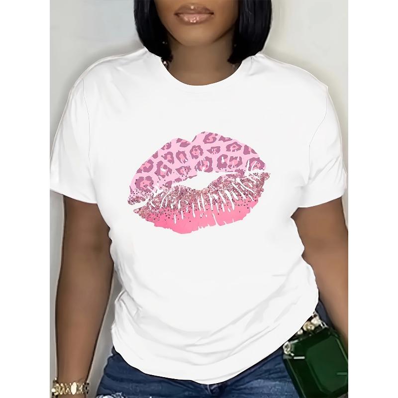 European Size Plus Size, Women's Plus Size White Leopard Print Pink Lips Graphic Tee - Crew Neck Short Sleeve T-Shirt