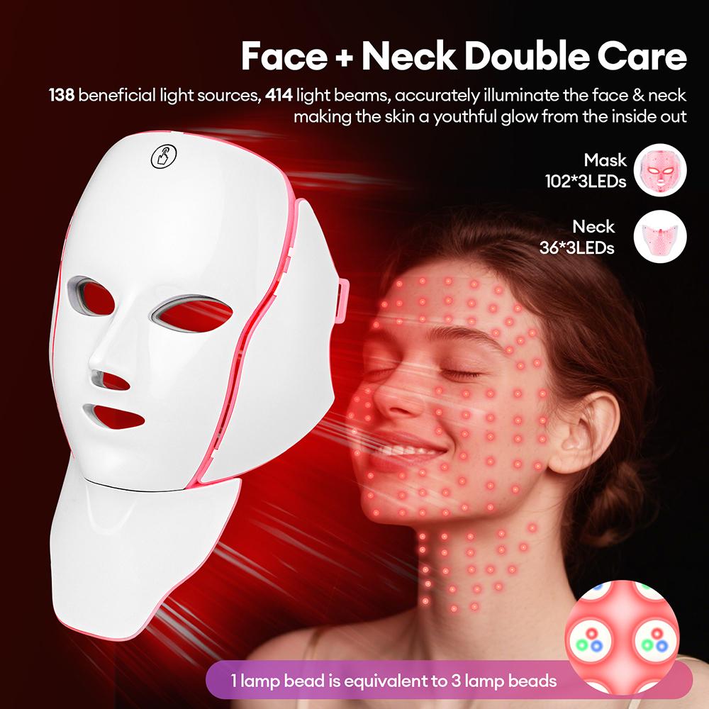 Newly Upgraded LED Face Mask with Neck Wireless 7 Colors Photon LED Facial Mask Repair Skin Rejuvenation Firming Beauty Tool