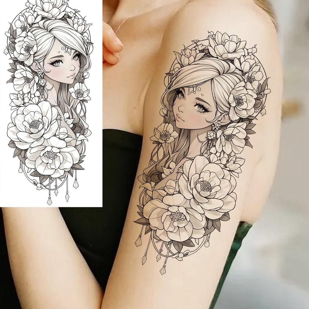 1 Sheet Girls With Flowers Holy Mother Temporary Tattoos For Women Body Art, Long Lasting Waterproof Temp Fake Tattoo Stickers