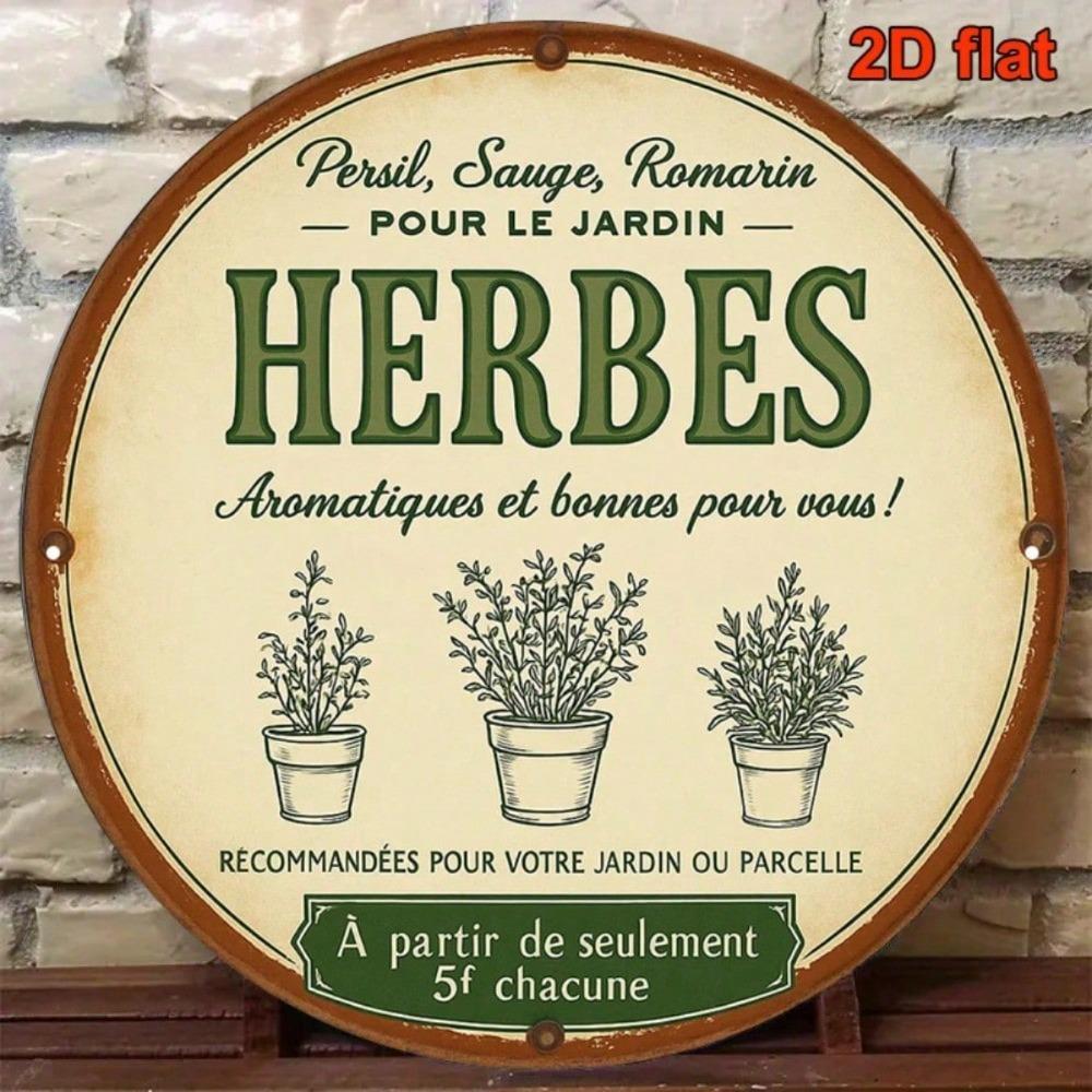 Vintage French Country Herb Tin Sign Round Tarragon Chamomile Marjoram Rustic Kitchen Farmhouse Wall Decor