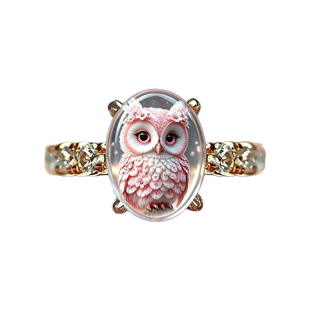 European and American new zircon pink owl ring niche design ring luxury ring