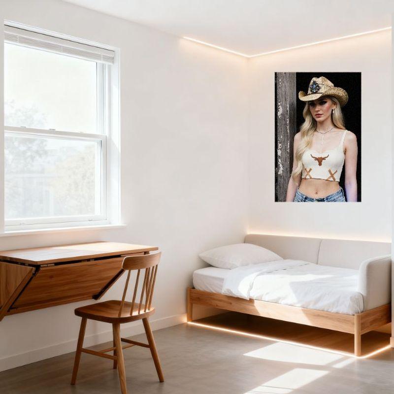 Sexy Western Cowgirl Blonde Long Hair Tin Sign Country Decorative Metal Poster with Longhorn Steer & Denim Shorts Aesthetic Wall