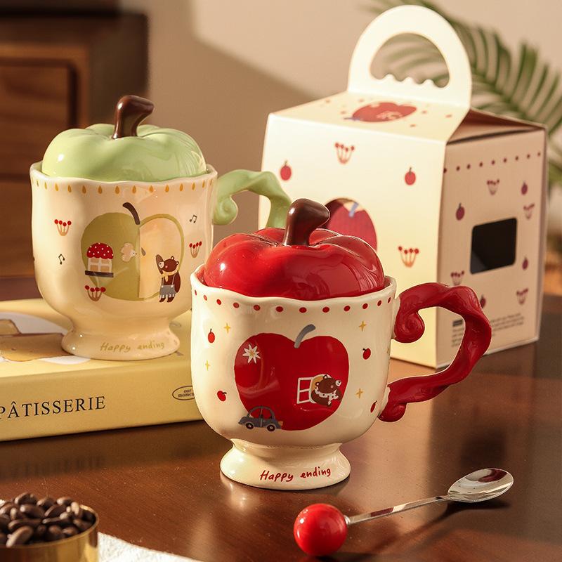 Birthday Gift for Girls, Christmas Apple Ceramic Mug, Couple Water Cup with Lid, Girlfriend's Souvenir Gift Box.