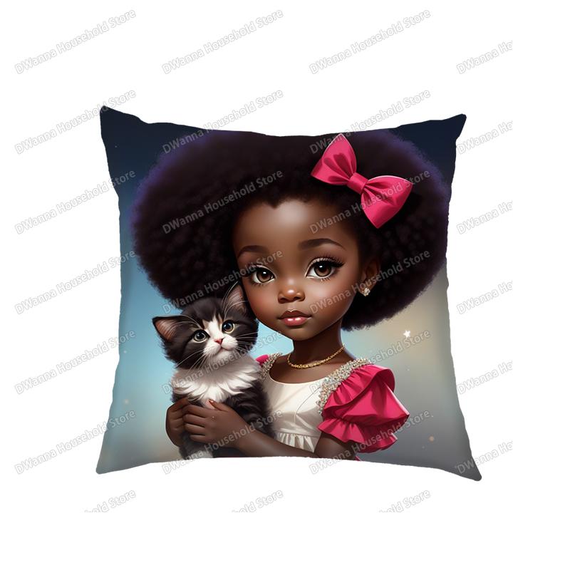 Cute Afro Princess With Cat Dog Print Cushion Covers African Girls Pillowcase Home Decor Seat Sofa Car Office Throw Pillow Cover