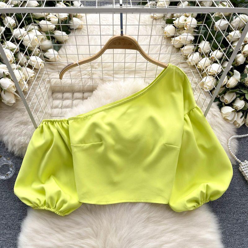 

Шикарный Скрытый Дизайн Одноплечий С Открытыми Плечами Французский Топ Рубашка Fluorescent Green All yards