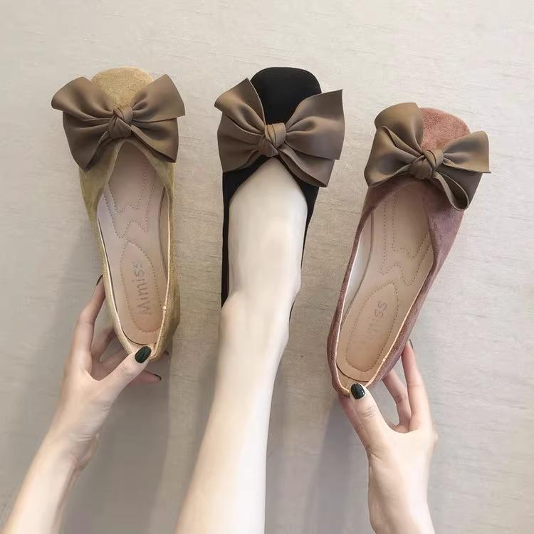 Autumn Flat Bottom Square Head Single Shoes Women's Shallow Mouth Big Bow Sweet Versatile Soft Sole Shoes Work Shoes Black