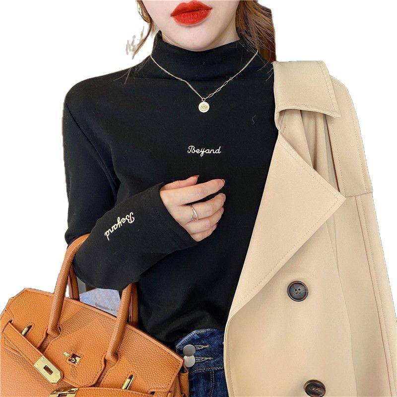 Velvet Semi-High Neck Embroidered Sweatshirt - Korean Style, Autumn/Winter Trendy Long Sleeve Pullover