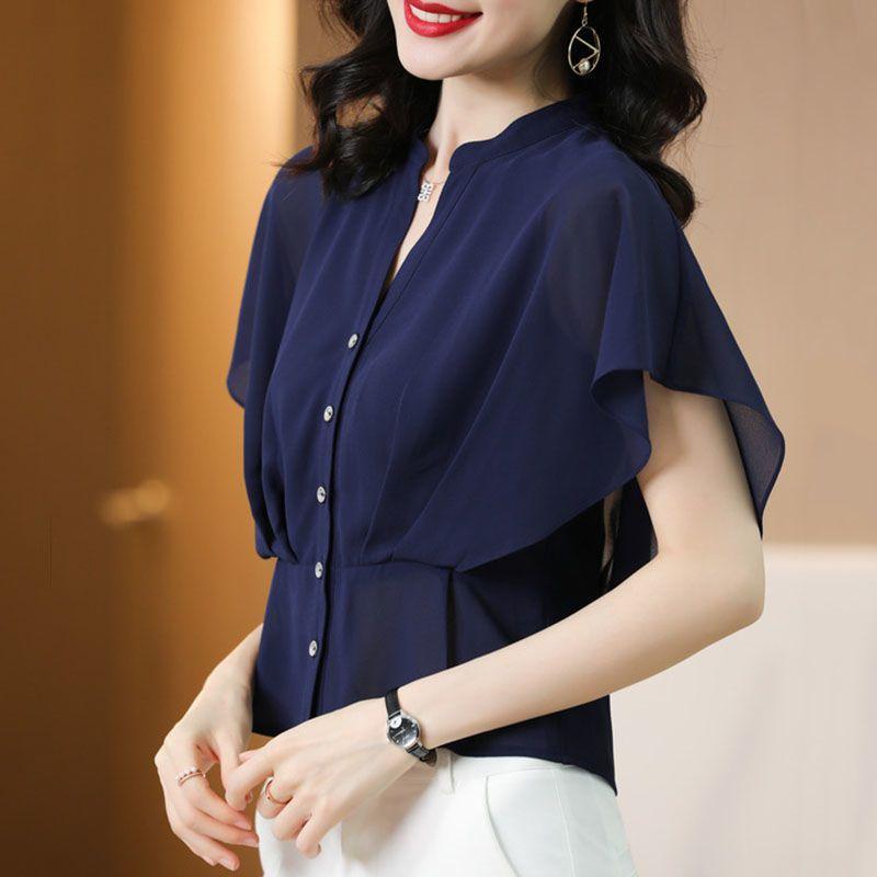 Women's Small Shirt Chiffon Shirt Short-sleeved Women's Top Waistband Shirt Fashion Summer Short Shirt