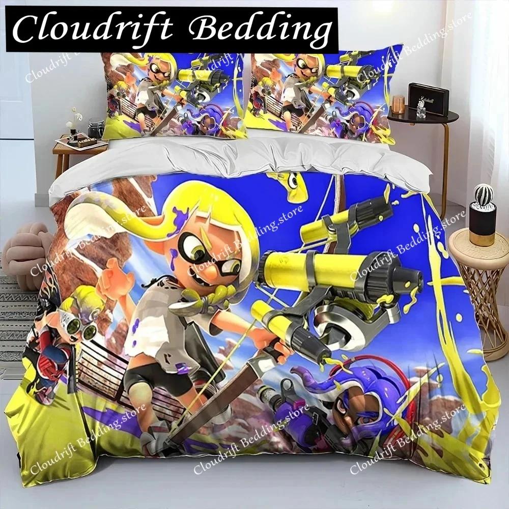 S-Splatoon Игра Геймер Мультяшный Одеяло Постельное Белье Комплект, Пододеяльник Постельный Комплект Чехол на Одеяло Наволочка, Кинг Квин Размер Постельное Белье Детский0