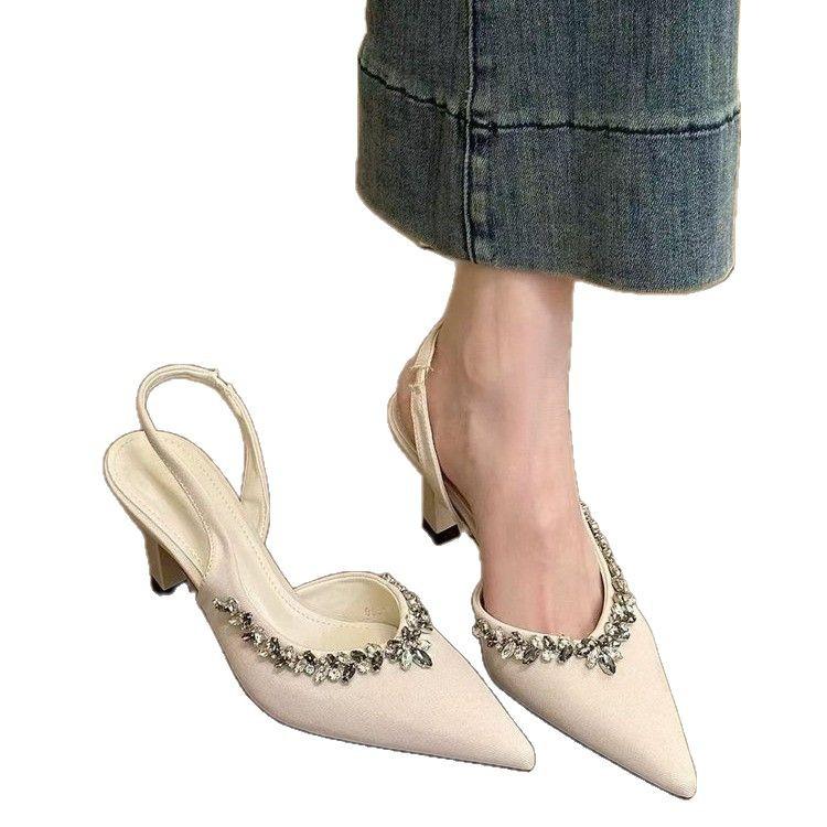 2025 Spring and Autumn New Fashion Versatile High Heels Women's Thin Heels Pointed Baotou Slippers Wear Rhinestones