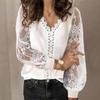 Early Spring New Women's Fashionable V-neck Hollow Lace Solid Color Long-sleeved Shirt
