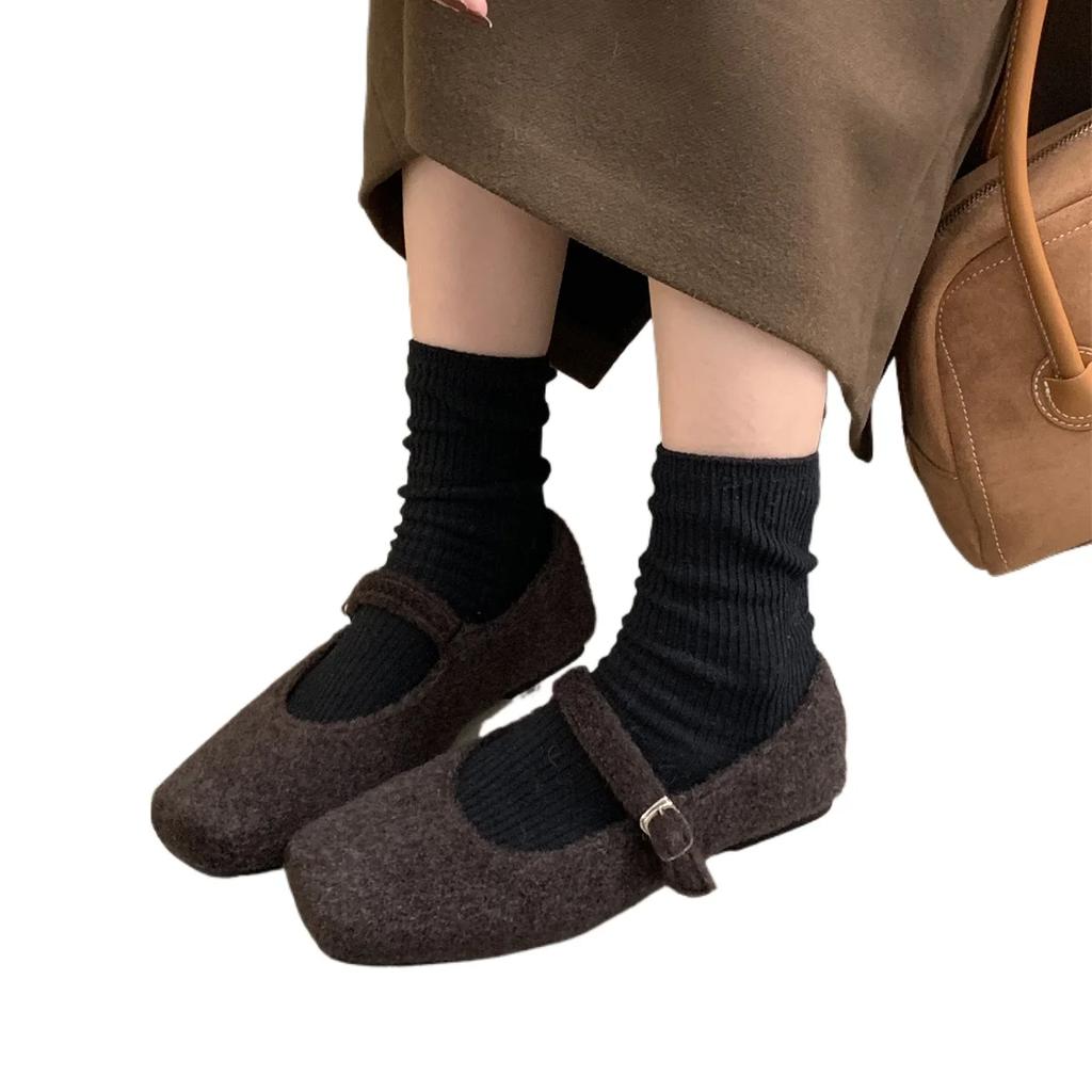 Fashion Fashion Square Toe Fleece Flet Ballet Flats Woman Winter Warm Wool Mary Jane Shoes Ladies Brand Design Elegant Plush Loafers