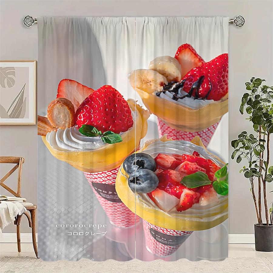 

Set Of 2 Ice Cream Fruits Print Curtains Suitable Bedroom Living Room Kitchen Decoration Home Window Made Polyester Great Treatment W100*H70(CM)-Hooks&1PCS