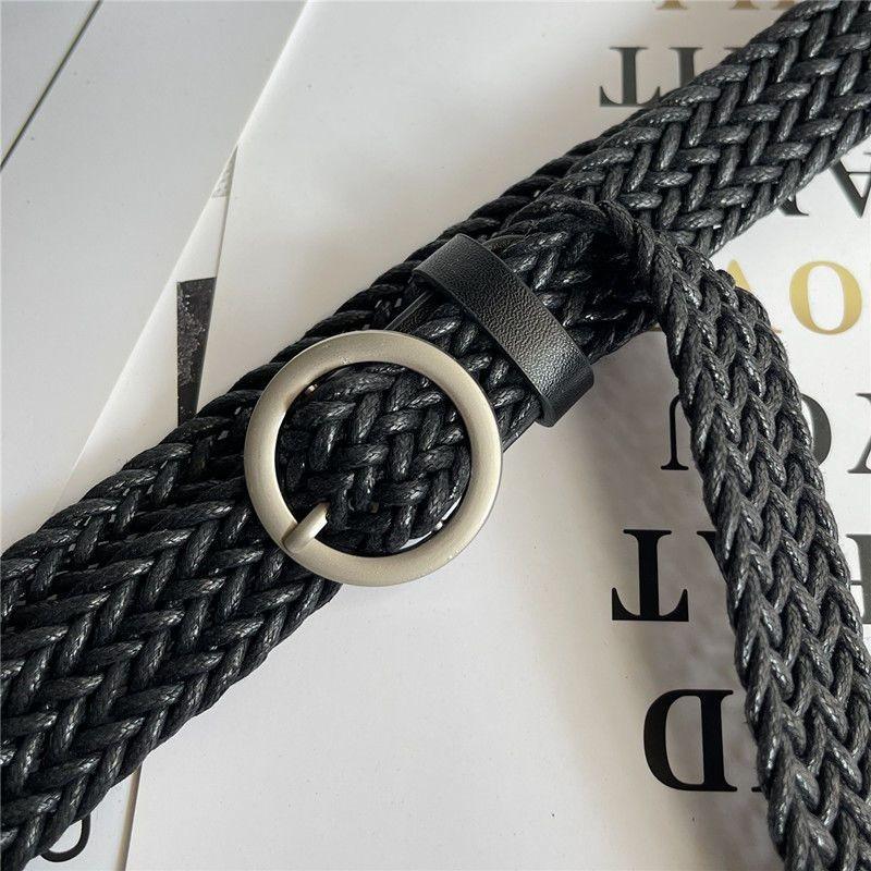 Womens Woven Modern Belt In Black Camel And Beige With Round Buckle For Everyday Wear