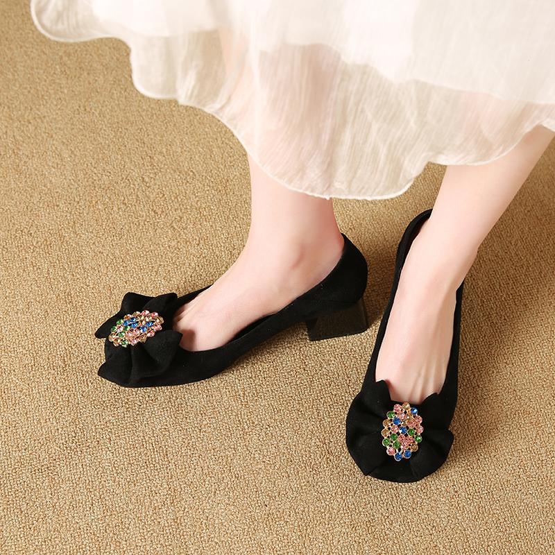 Sweet Single Shoes Summer New Square Head Shallow Mouth Crystal Buckle Butterfly Knot Anti-slip Wear-resistant Heel Shoes