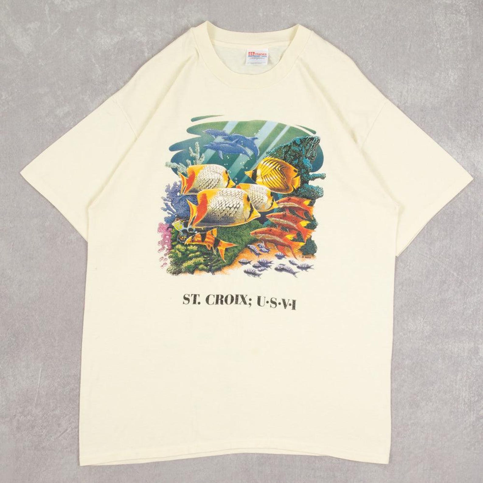 Hanes Vintage St. Croix Graphic Print T-Shirt Large Men s Yellow Animal XL