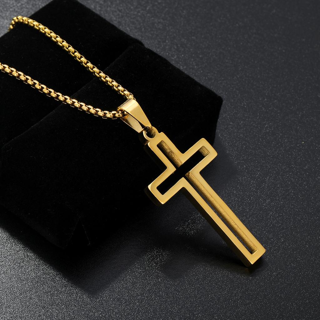 Skeleton Cross Necklace for Men Women Stainless Steel Hollow Out Cross Pendant Box Chain Collier Religious Faith Christ Collar