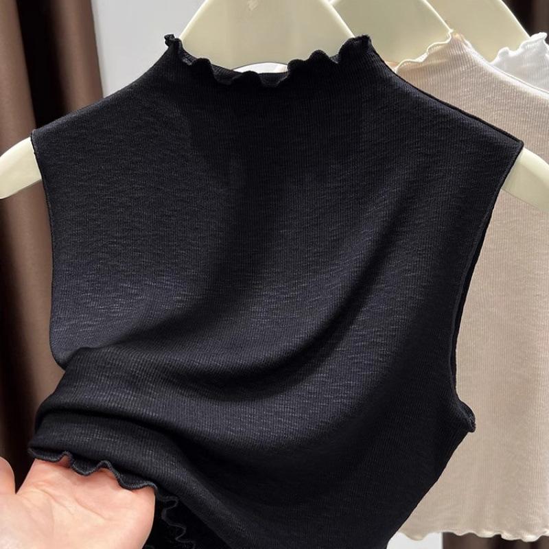 

абрикосовый нежный вязаный свитер женский летний новый безрукавный жилет с полувысоким воротником топ тонкая базовая рубашка one size fits all чёрный