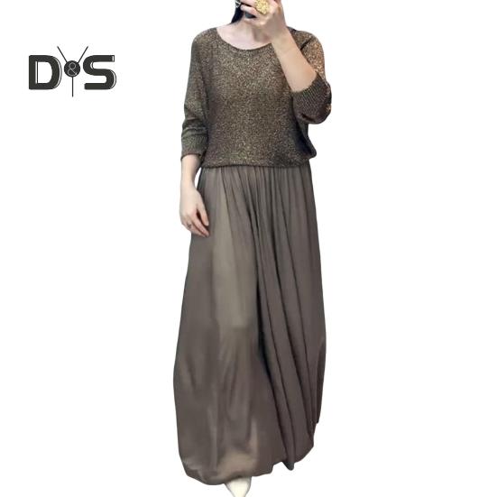 

Женский комплект из двух частей: юбка, блестящий топ с круглым вырезом и длинными рукавами, а также юбка-макси А-силуэта с высокой талией, повседневный блестящий наряд S золотистый