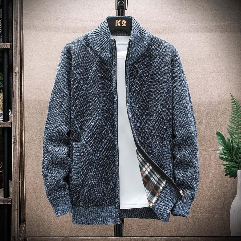 Men's Cardigan Sweaters Knitted Full Zip Collared Regular Fit Jacket Casual Color Block Baggy Winter Warm Coat