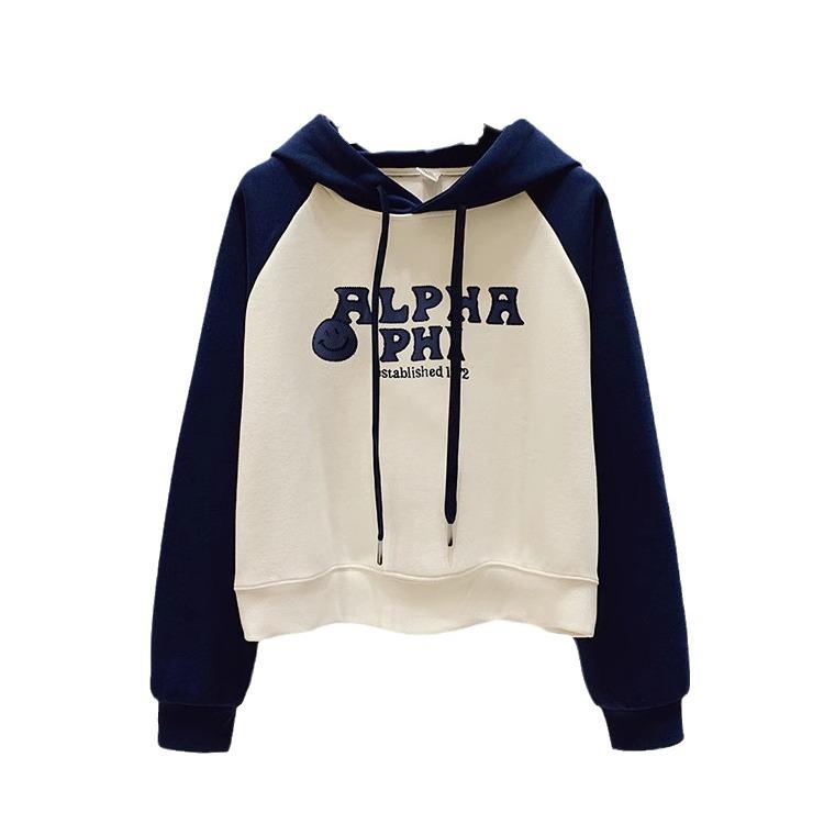 Bauchfreies Kapuzensweatshirt Damen Neu Frühling und Herbst Koreanische Version Locker Mode Druck Kontrastierend Nische Lässig Top