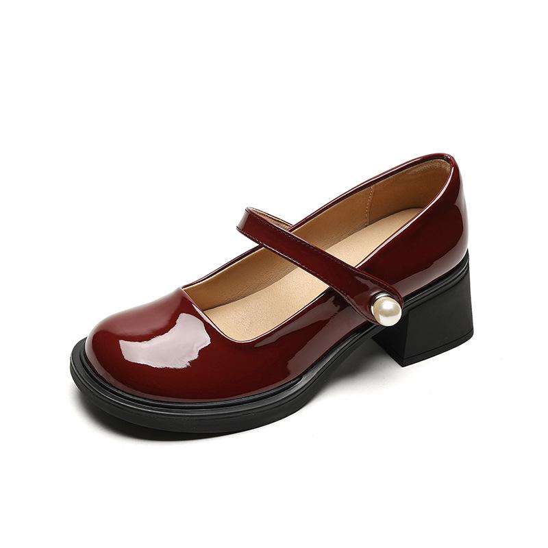 

French college round head thick heel high heels women s commuter pearl buckle word with evening breeze thick sole Mary Jane shoes 43 бордовий