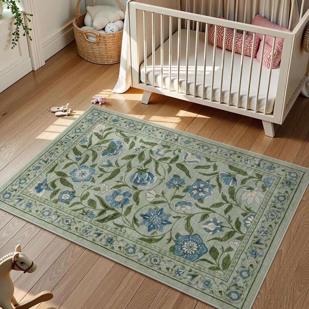 Alfombra con Patrón Floral Colorido Borde Floral Alfombrilla Antideslizante Adecuada para Dormitorio Sofá Entrada Decoración del Hogar