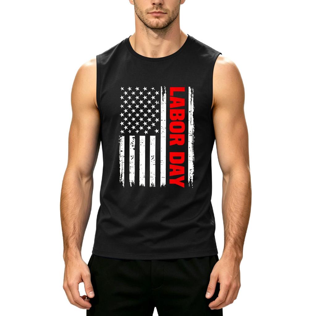 Men's Sleeveless Casual Tank Top with Printed American Flag and Labor Day Text Comfortable Fit for Summer Outdoor Activities