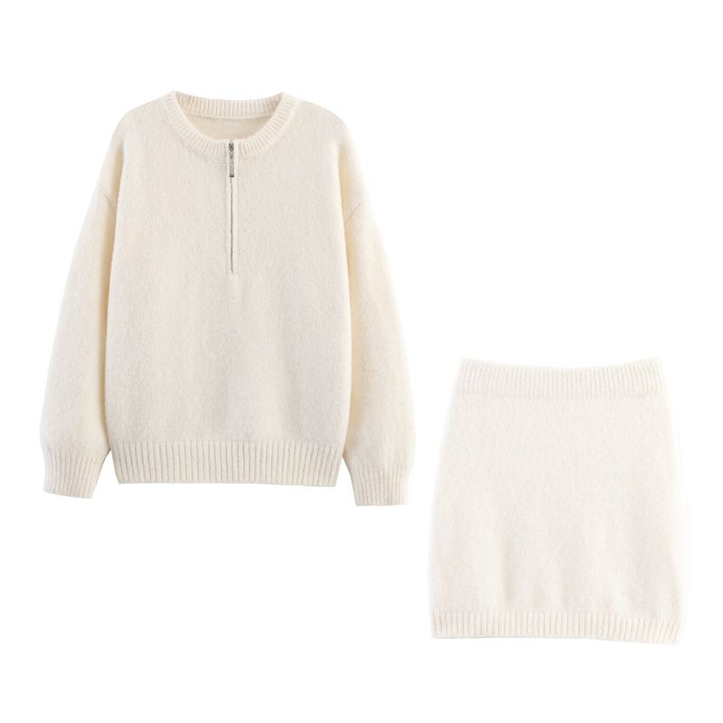 Kaslead New Women Clothes Western Style Round Neck Half Zipper Pullover Knit Sweater Short Skirt Sets