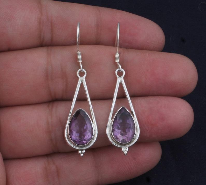Massiver 925er Sterlingsilber Amethyst Edelstein Handgefertigt Designer Hänge Ohrring Geschenk für Sie