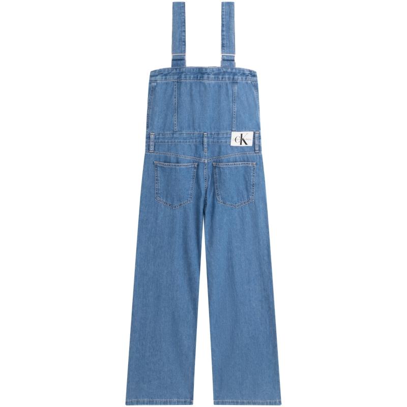 Calvin Klein Washed Letter Woven Label Mid Waist Loose Wide Leg Denim Overalls Women Overalls Light-Blue J223393