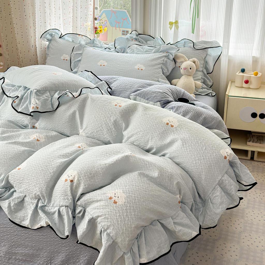 Bubble Cotton Fresh Floral Lace Bedding Set - 4-Piece Soft Duvet Cover & Sheet