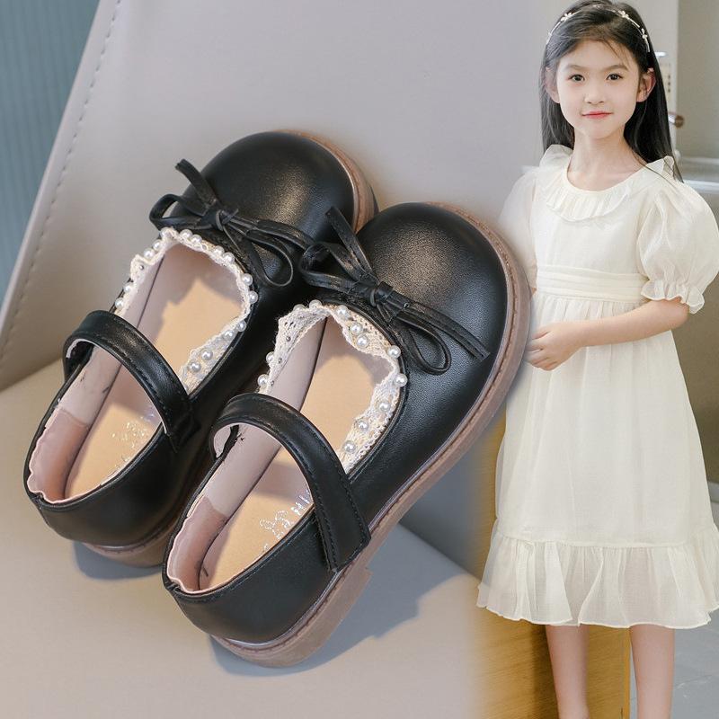 Girls Leather Shoes Black Matte Kids Flat Shoes Round Toes Non-slip 2025 Spring Autumn New Girls Performance Shoes Bows Sweet
