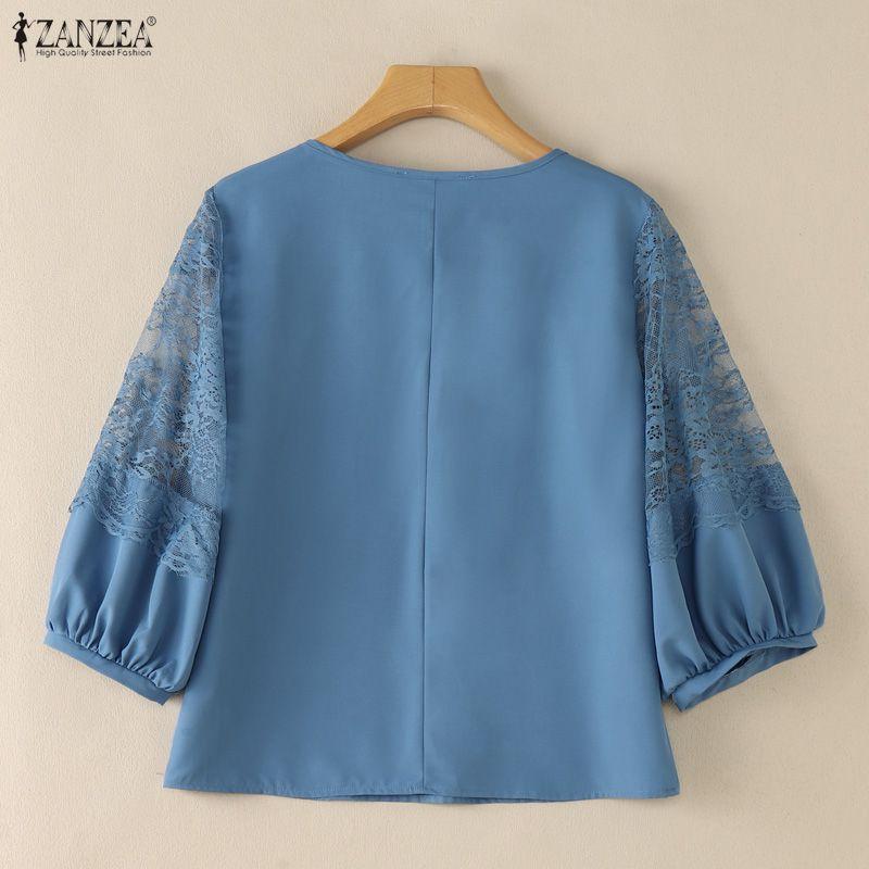 ZANZEA Blusa casual da donna con scollo rotondo, manica a metà, patchwork in pizzo traforato