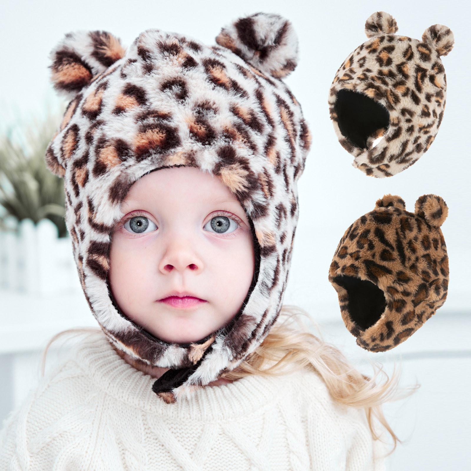 

Плюшевая леопардовая печать Детская теплая шляпа Двойной мяч Детский защитный колпачок для ушей