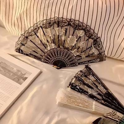 Lace Rose Fan Women Summer Folding Fan Dance Special Ancient Folding Handheld Photo Prop Holiday Birthday Gift
